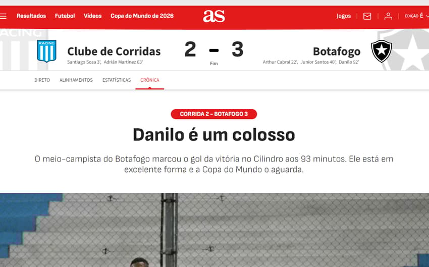 Danilo foi destaque no jornal "AS" após vitória do Botafogo (Reprodução)