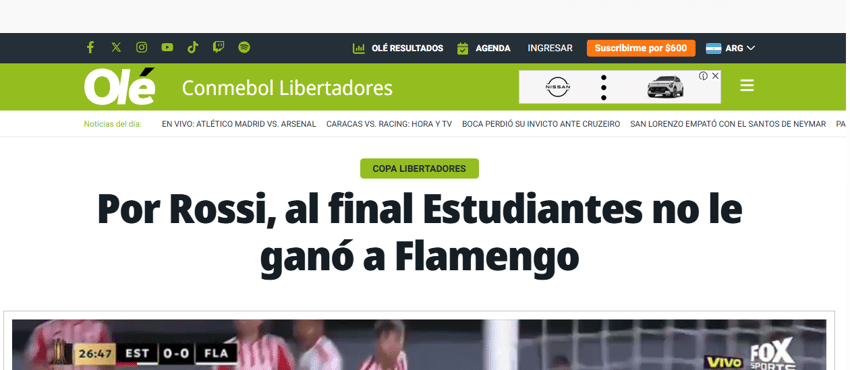Jornal "Olé" destacou a atuação de Rossi em Estudiantes x Flamengo (Foto: Reprodução)