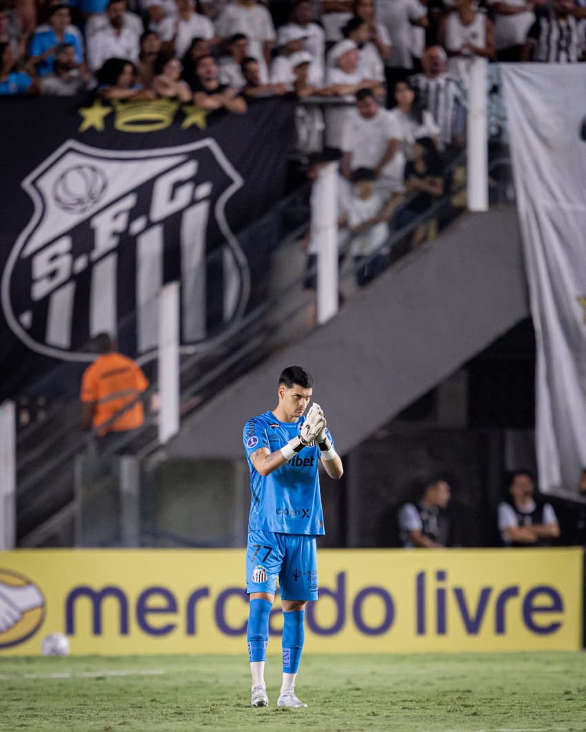 Gabriel Brazão sofreu um gol de pênalti do Deportivo Recoleta (Foto: Raul Baretta/Santos FC.)