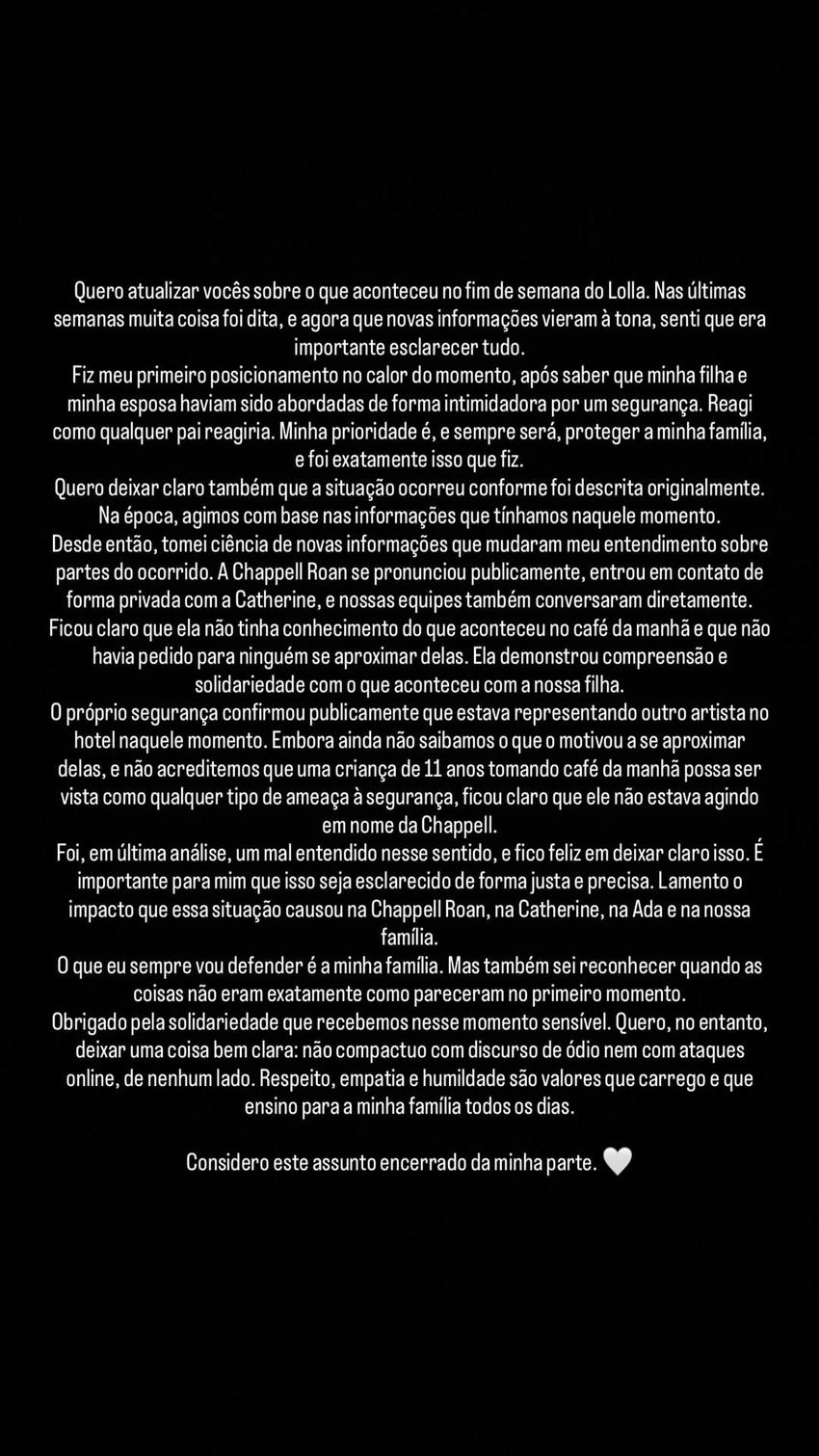 Nota de Jorginho sobre a polêmica envolvendo Chappel Roan. (Foto: Reprodução/jorginhofrello/Instagram) 