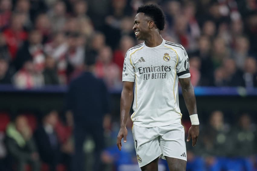 Vini Jr em ação no jogo do Real Madrid contra o Bayern de Munique, na Champions League (Foto: Alexandra BEIER /AFP)