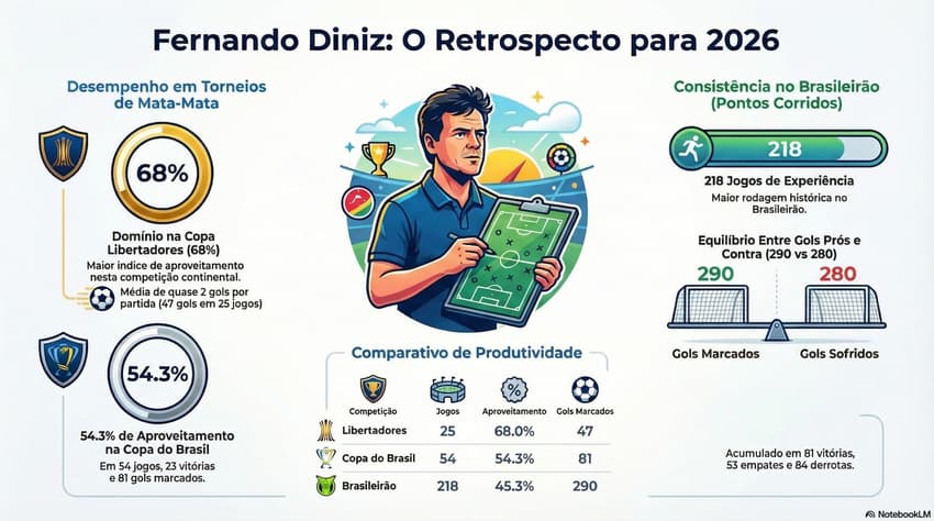 Aproveitamento de Fernando Diniz nas competições (Foto: NoteebokLM/IA)