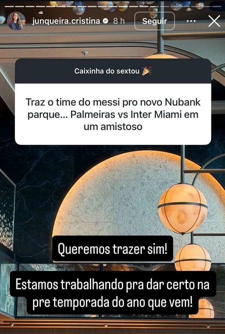 Dona do Nubank falou sobre a possibilidade do amistoso em sue Instagram. (Foto: Reprodição/Instagram/@junqueira.cristina)