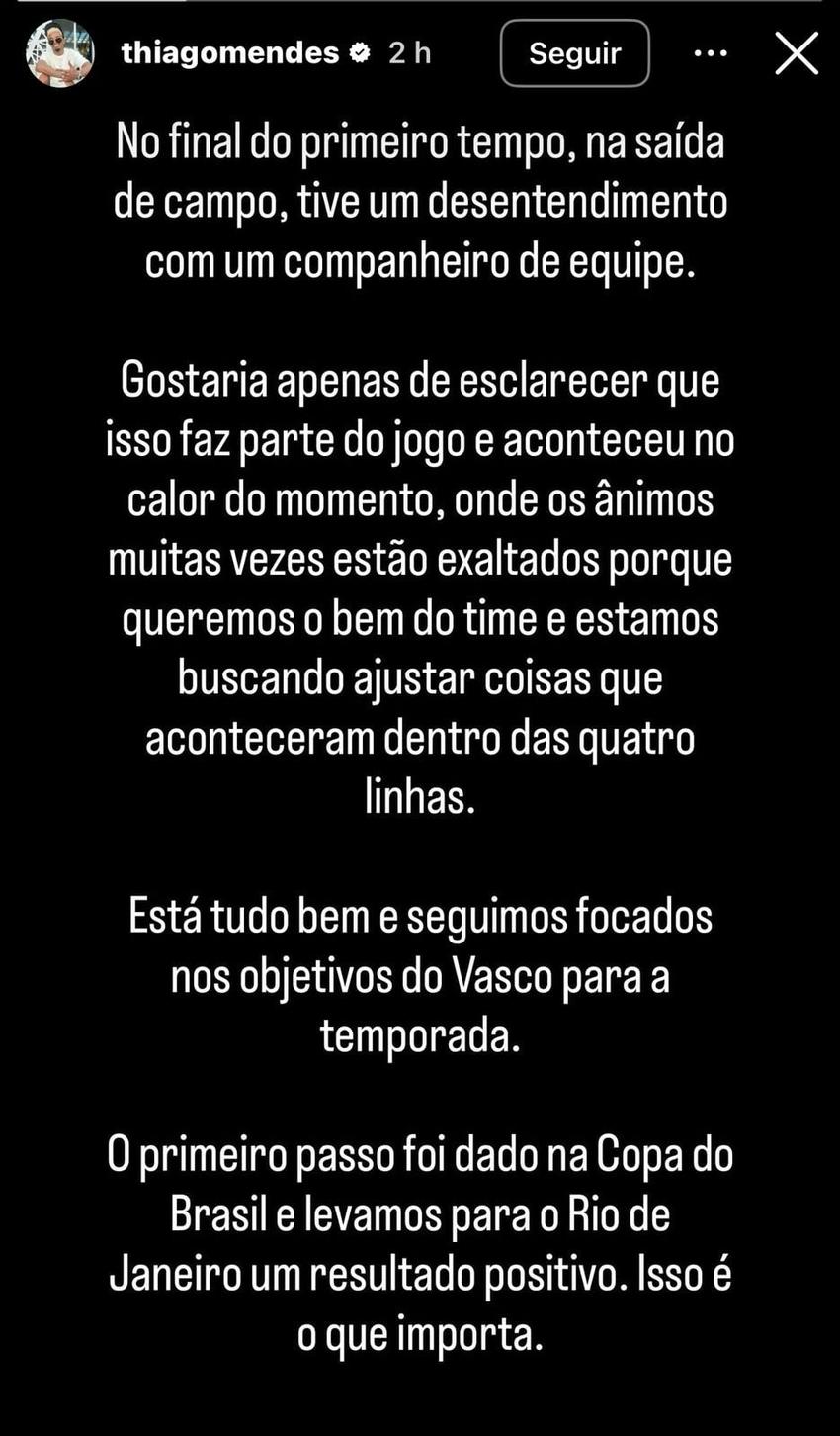 Thiago Mendes se pronuncia sobre a discussão nos stories (Foto: Instagram)