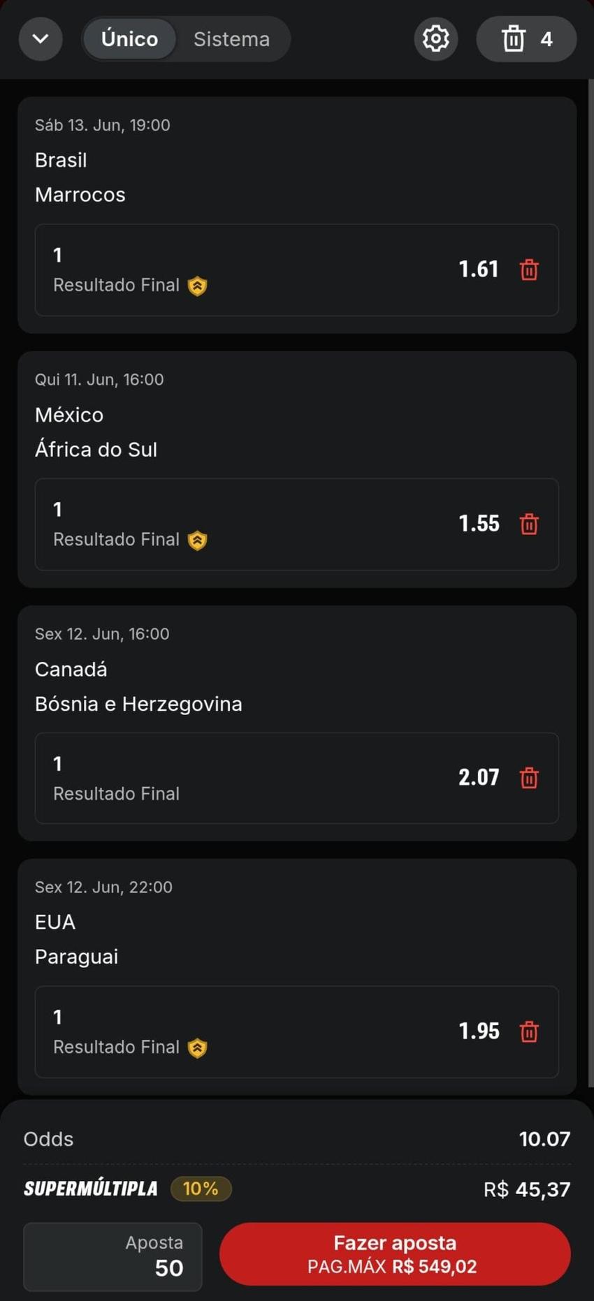  Captura de tela de uma aposta esportiva na Copa do Mundo na Superbet.
