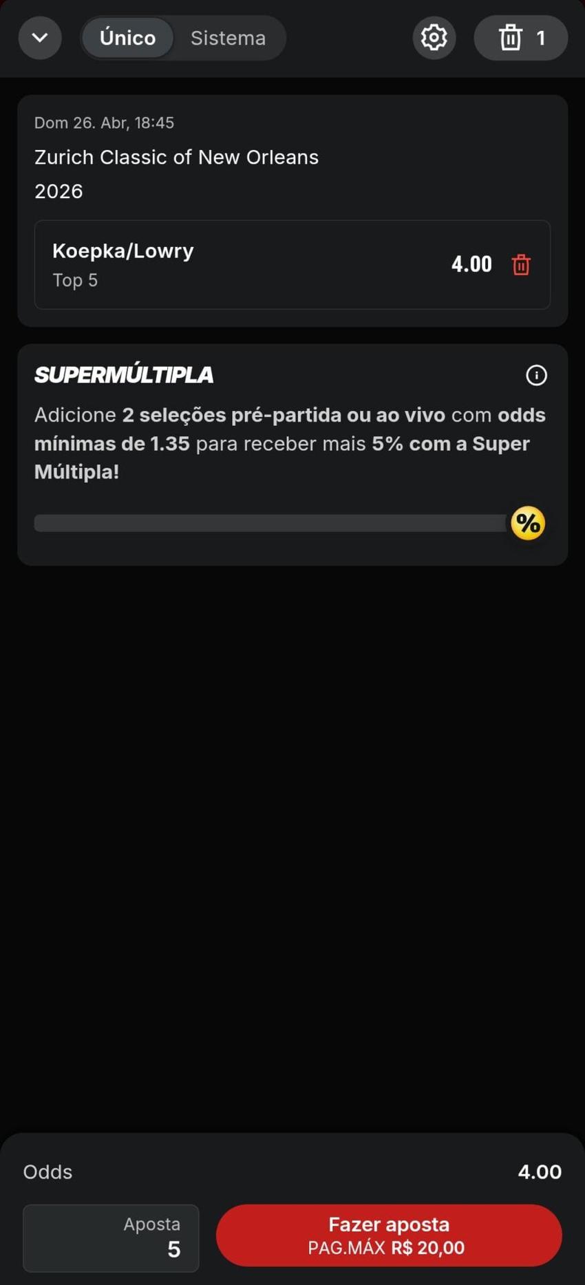 Captura de tela de uma aposta em golfe sendo feita na Superbet.