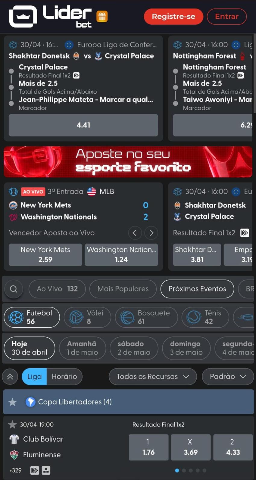 Captura de tela das apostas esportivas da Liderbet.