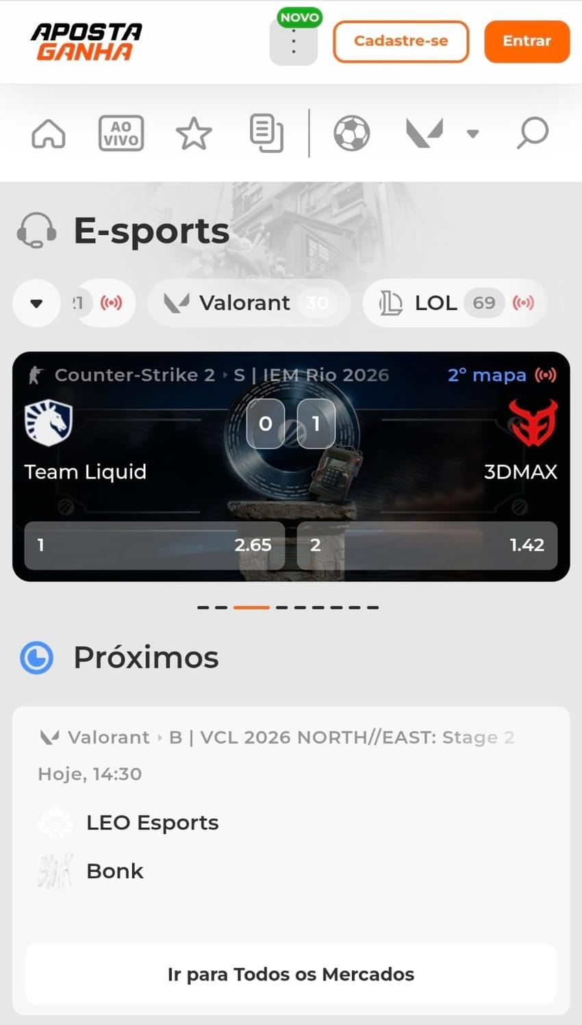Captura de tela da Aposta Ganha exibindo um jogo do Valorant para apostar.