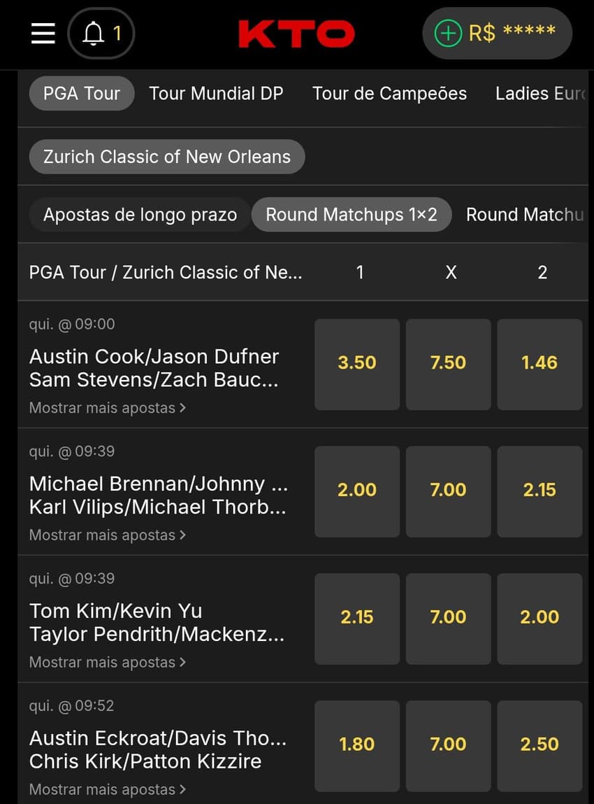 Captura de tela de uma aposta em golfe na KTO.
