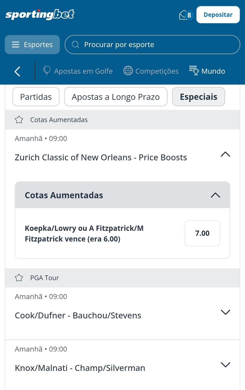 Captura de tela de uma aposta em golfe na Sportingbet.
