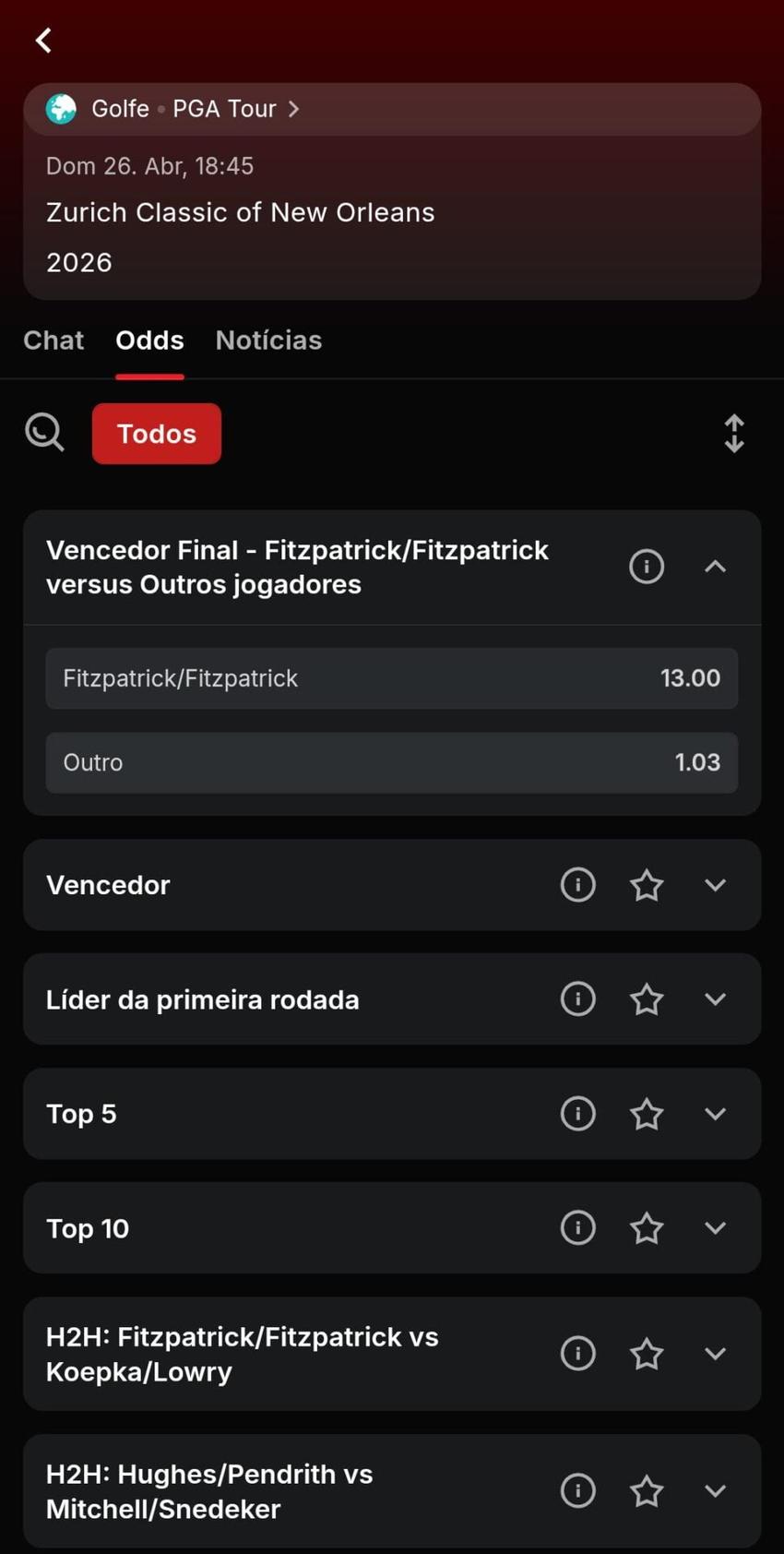 Captura de tela de uma aposta em golfe na Superbet.