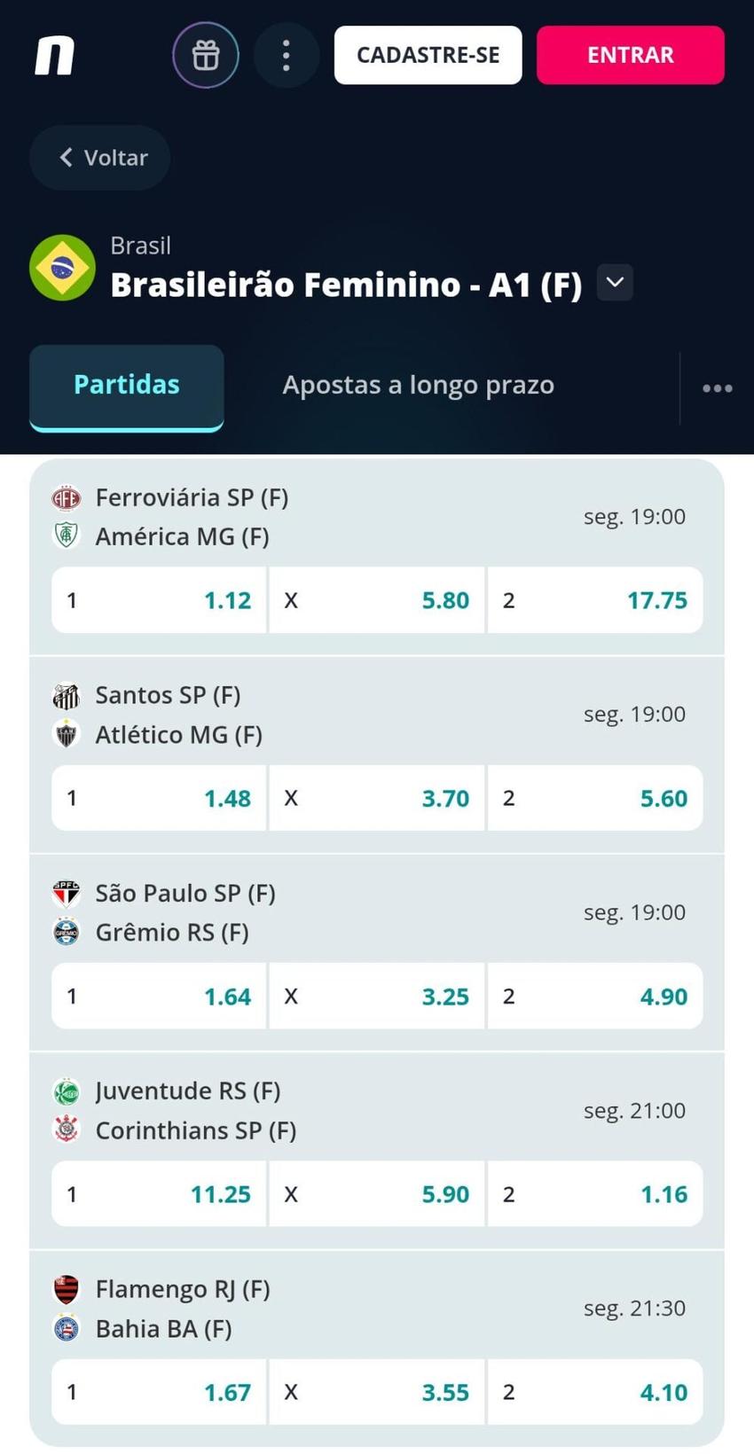 Captura de tela das apostas no Campeonato Brasileiro Feminino na Novibet