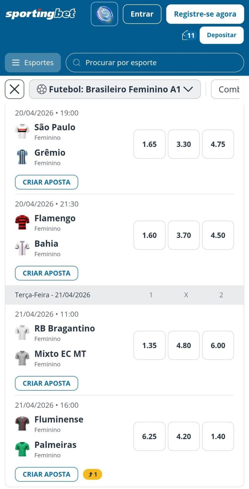 Captura de tela das apostas no Campeonato Brasileiro Feminino na Sportingbet.