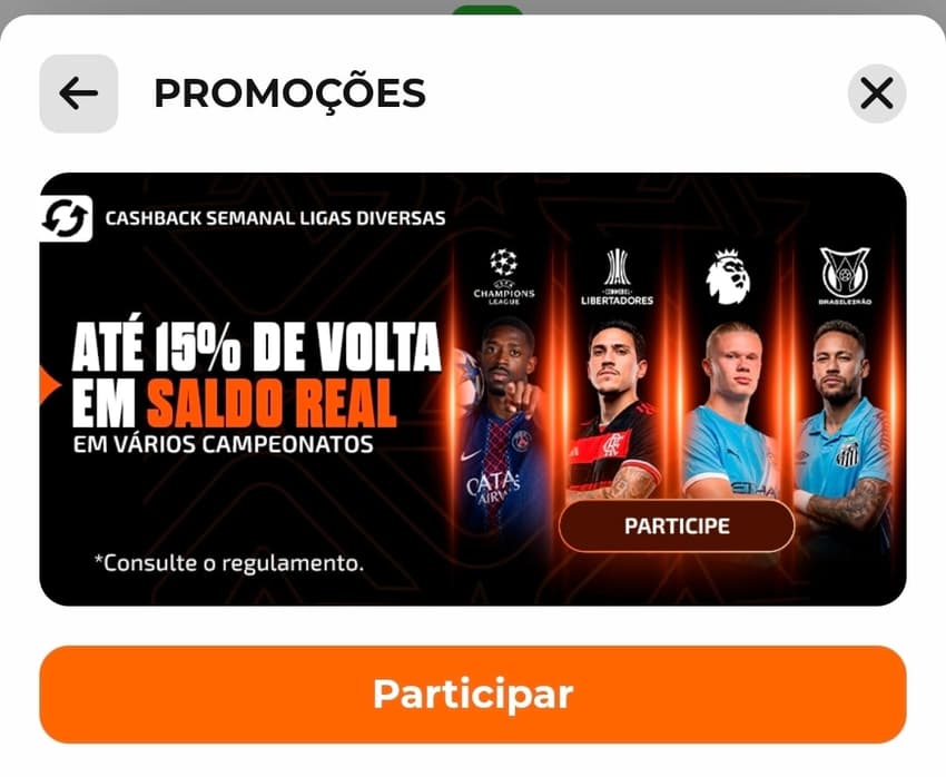 Captura de tela da promoção de Caashback Semanal na Aposta Ganha, uma das plataformas novas no Brasil.
