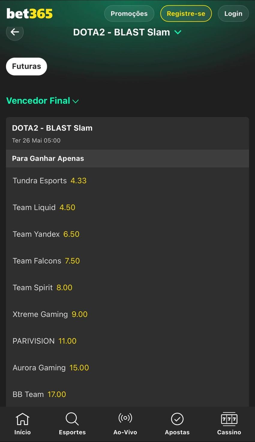 Captura da tela de apostas de longo prazo em Dota 2 na bet365 feita no dia 09/04/2026.