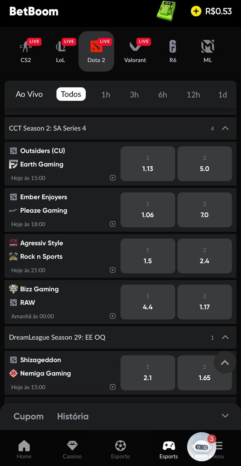 Captura da tela de apostas em Dota 2 na BetBoom.