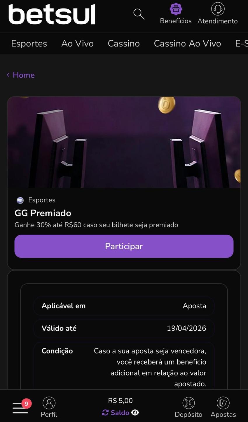 Captura de tela da promoção GG Premiado na Betsul.