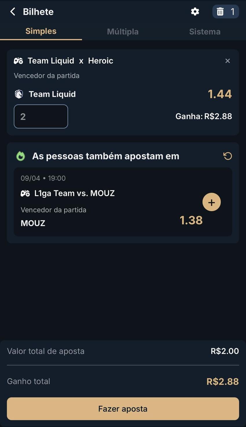 Captura da tela do bilhete de apostas em Dota 2 na Estrela Bet.