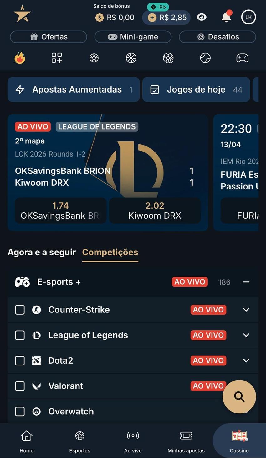 Captura da tela de apostas em Dota 2 na Estrela Bet.