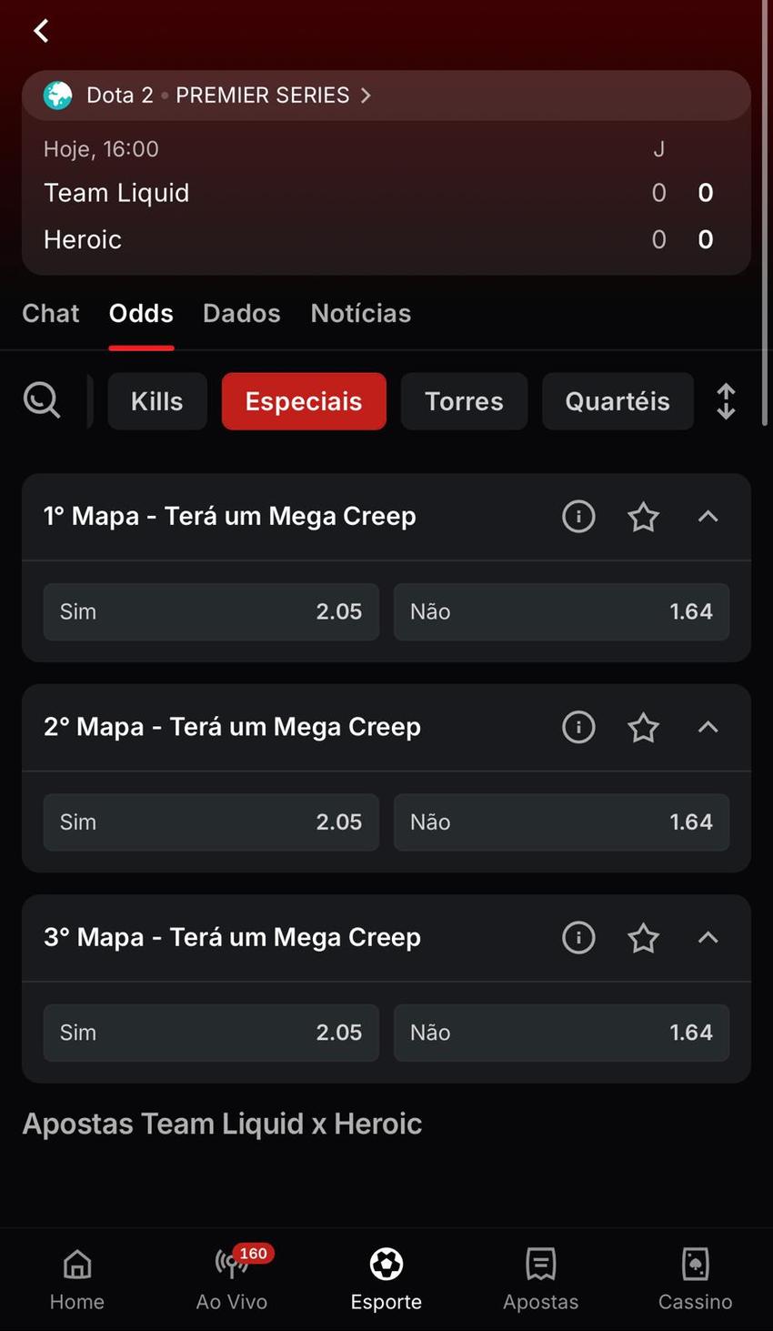 Captura da tela de apostas em Dota 2 na Superbet.