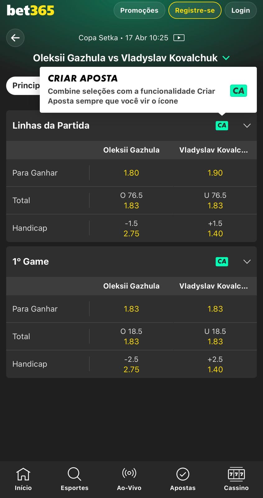 Captura de tela do Criar Aposta em apostas em tênis de mesa na bet365.