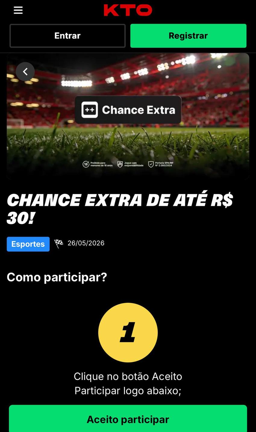 Captura de tela da promoção Chance Extra, da KTO, nas apostas em tênis de mesa.