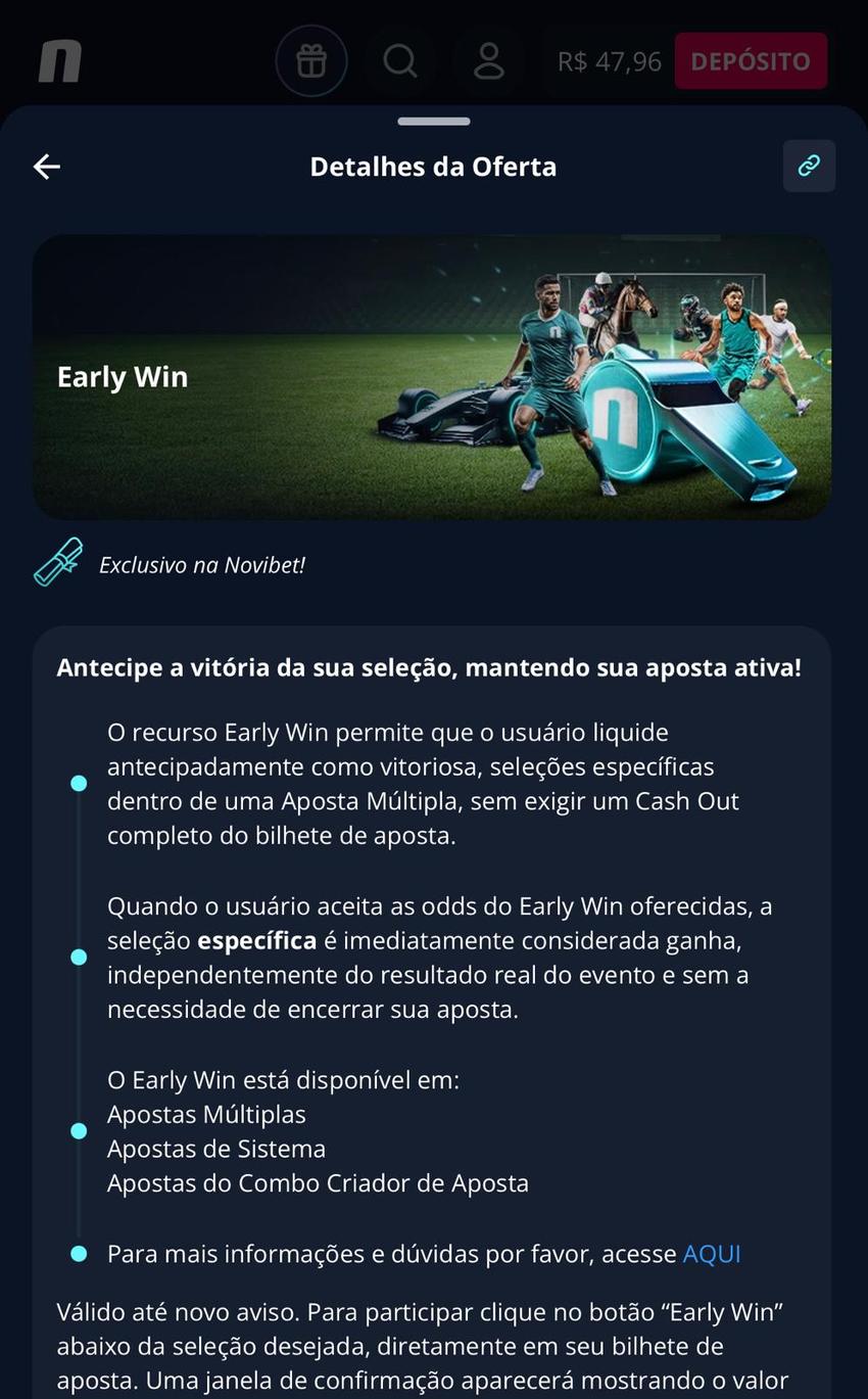 Captura de tela da promoção em apostas no tênis de mesa Early Win na Novibet.