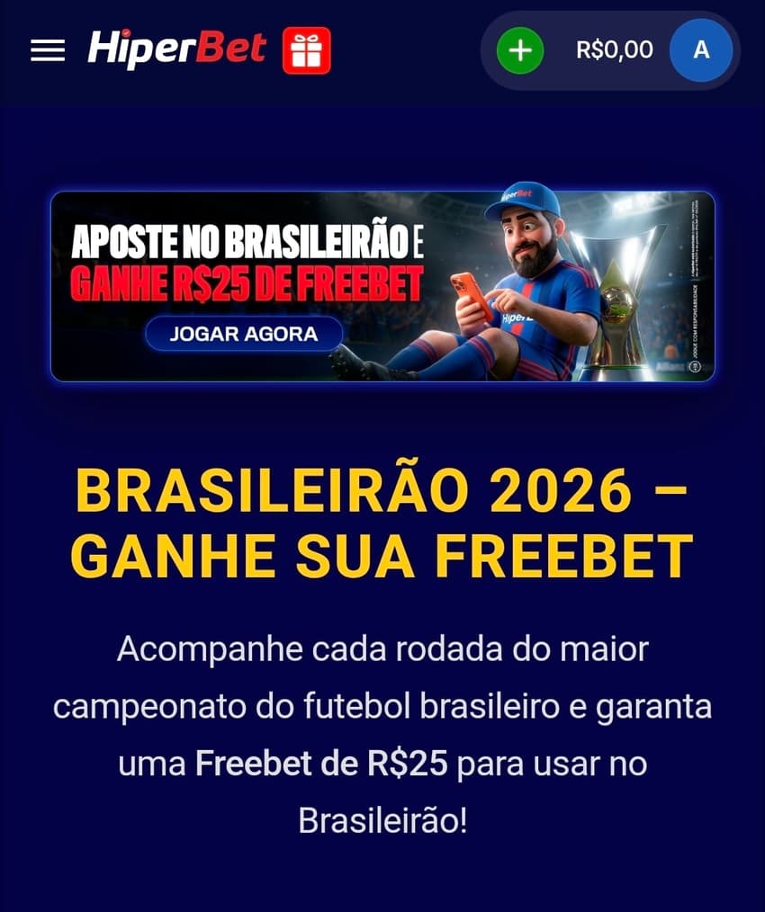 Captura de tela da promoção Aposte no Brasileirão com R$25 em freebet para os usuários da Hiperbet.