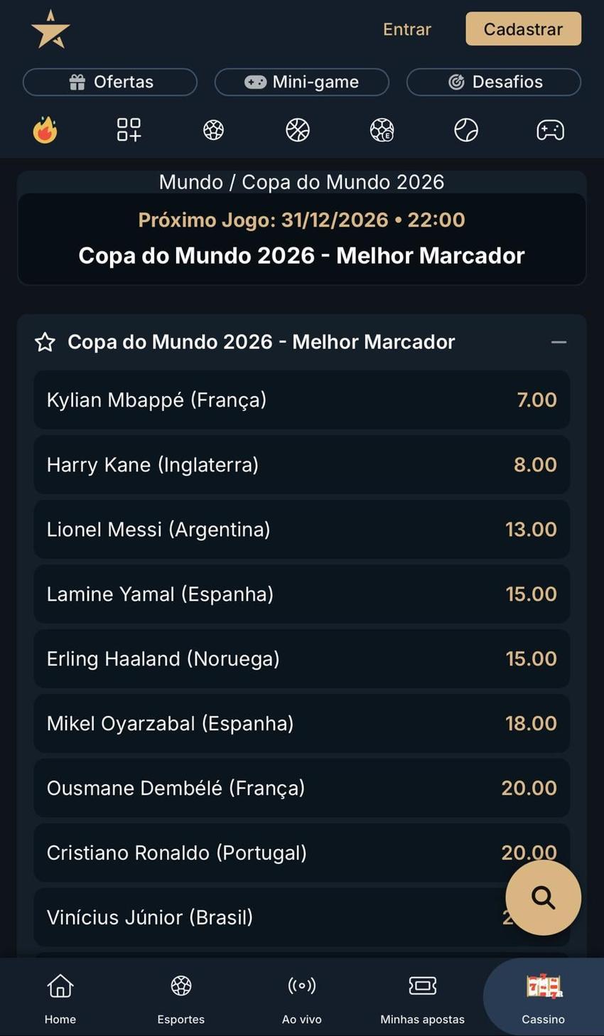 Captura de tela de apostas de longo prazo para apostar no artilheiro da Copa do Mundo na Estrela Bet.