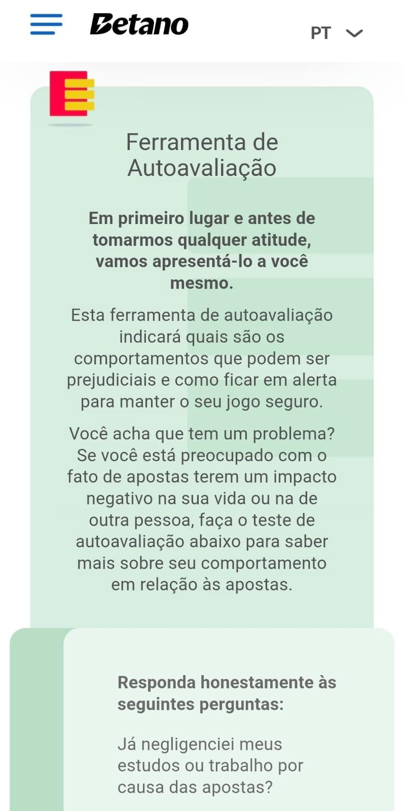 Captura de tela da página de autoavaliação da Betano, uma das ferramentas de jogo responsável.