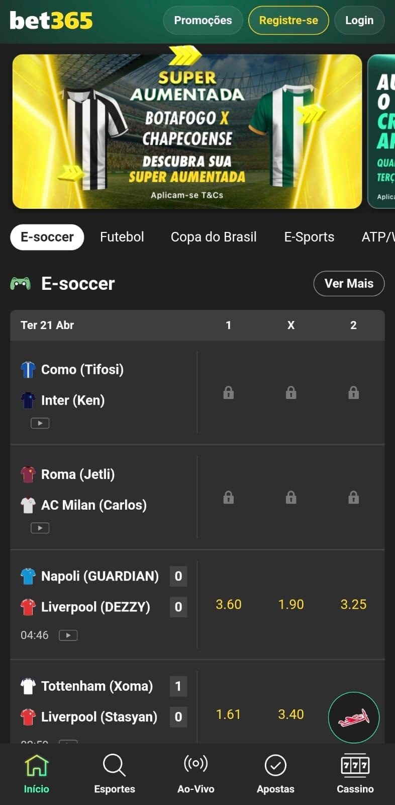 Captura de tela da página de jogos disponíveis para apostar em e-Soccer (FIFA) na bet365.