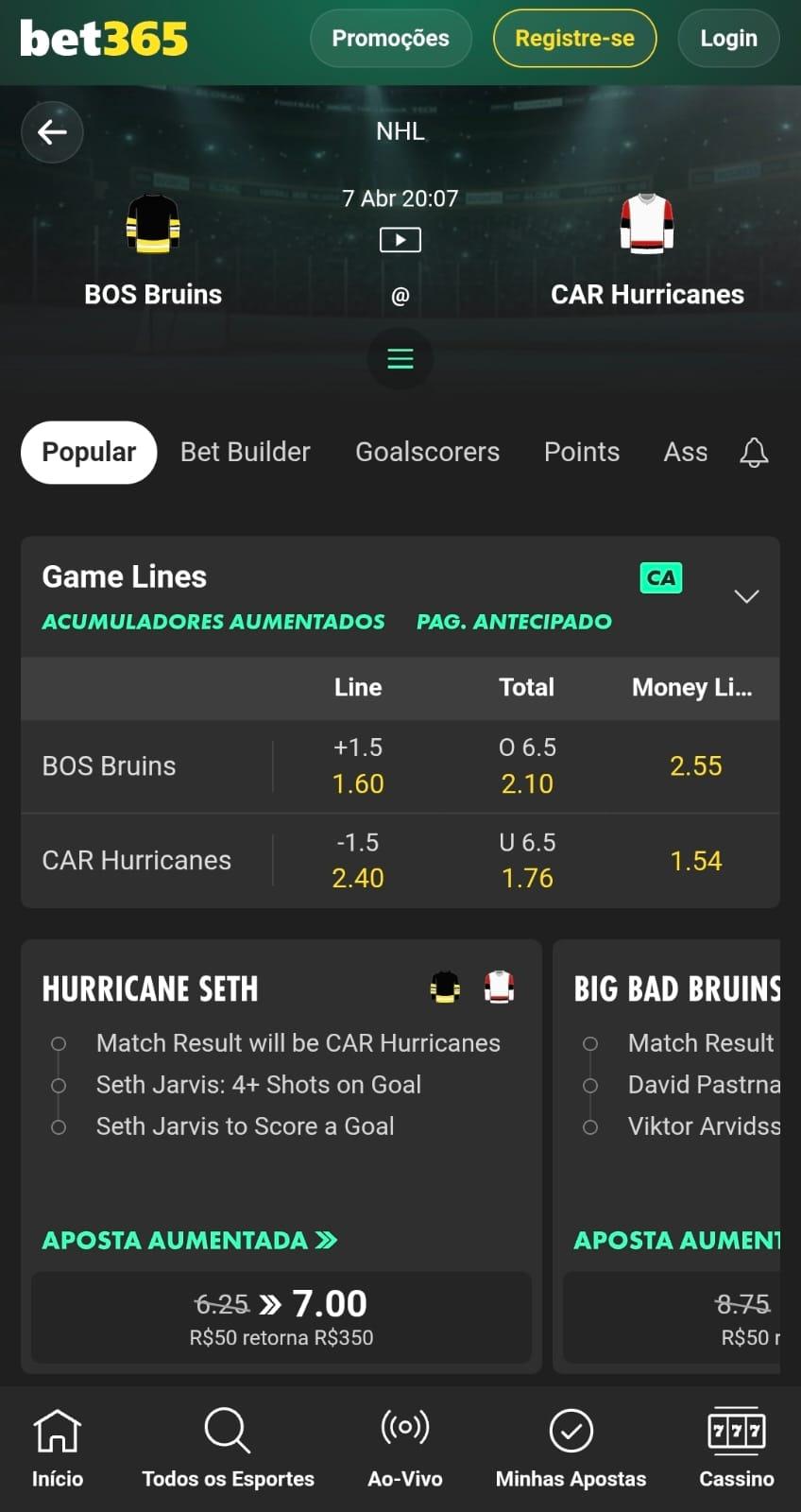 Captura de tela de uma partida de hóquei no gelo com as opções de apostas na NHL exibindo odds e vantagens ativas.