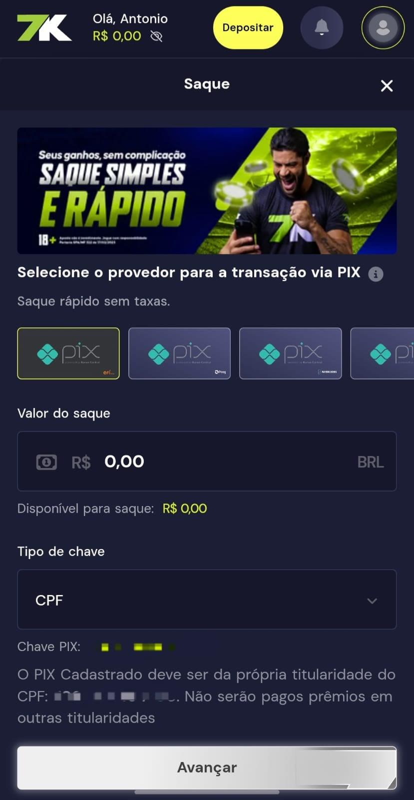 Captura de tela da página de saque na Bet7k com campos para inserir valor, chave Pix e outros detalhes.