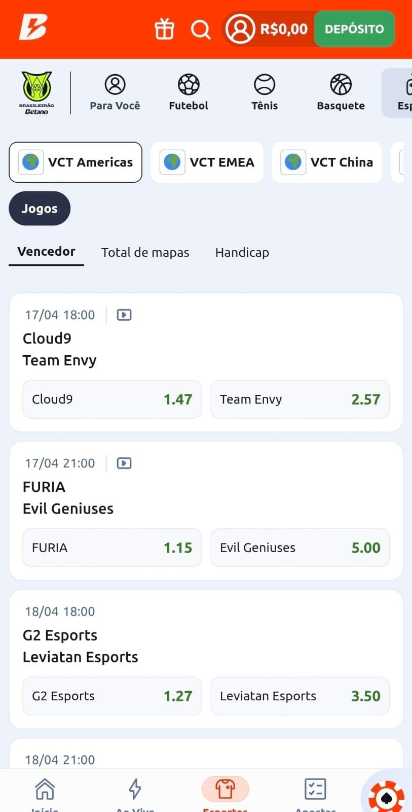 Captura de tela dos jogos disponíveis para apostar em Valorant na Betano.