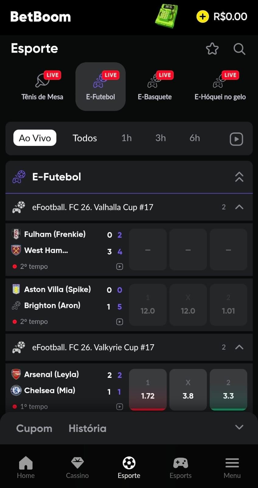 Captura de tela dos jogos ao vivo para apostar em FIFA na BetBoom exibindo odds e partidas ativas.