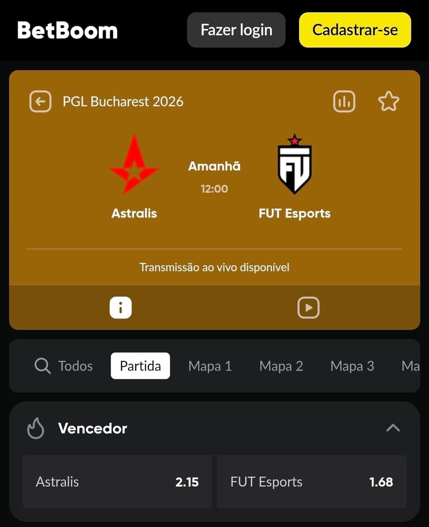 Captura de tela de um evento de CS2 na Betboom exibindo os botões de aposta em Vencedor (Moneyline) e suas respectivas odds.