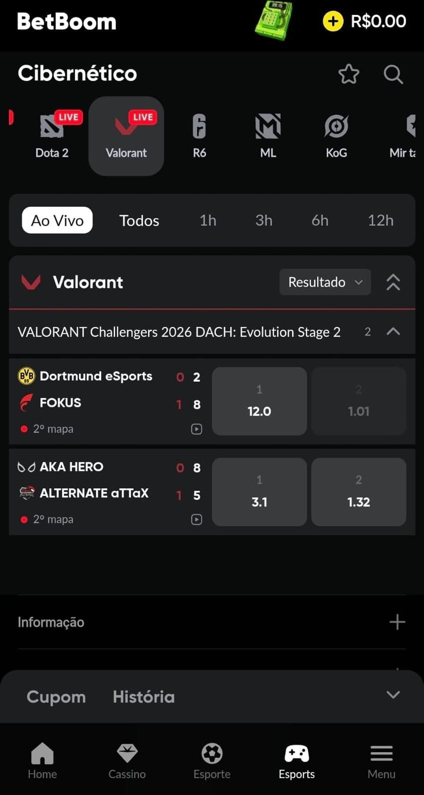 Captura de tela dos e-sports disponíveis na BetBoom com as opções de apostas em Valorant ao vivo.