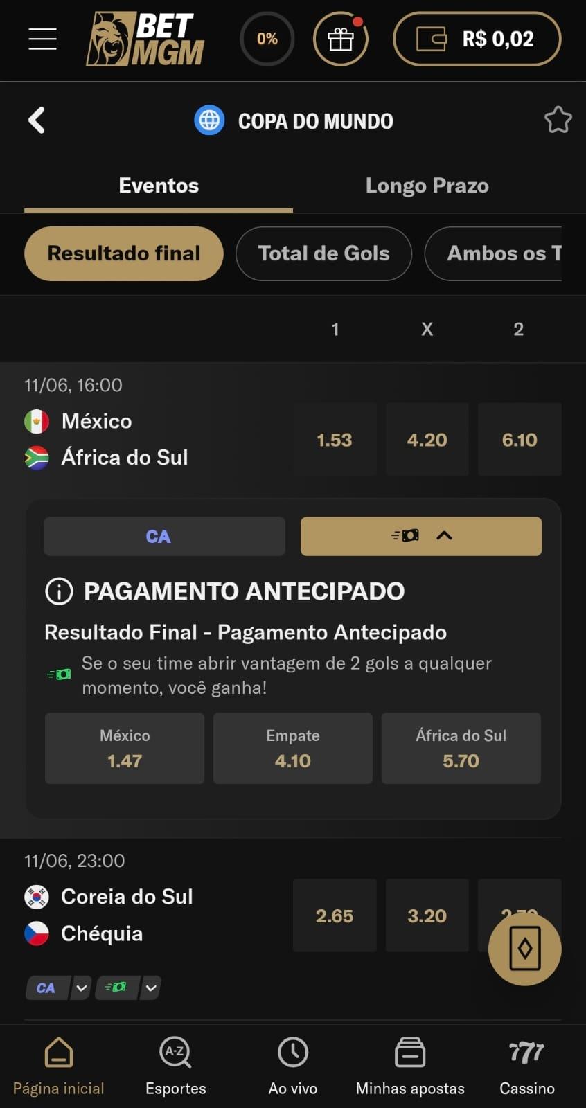 Captura de tela da BetMGM com os jogos iniciais da Copa do Mundo e os recursos de Criar Aposta e Pagamento Antecipado.