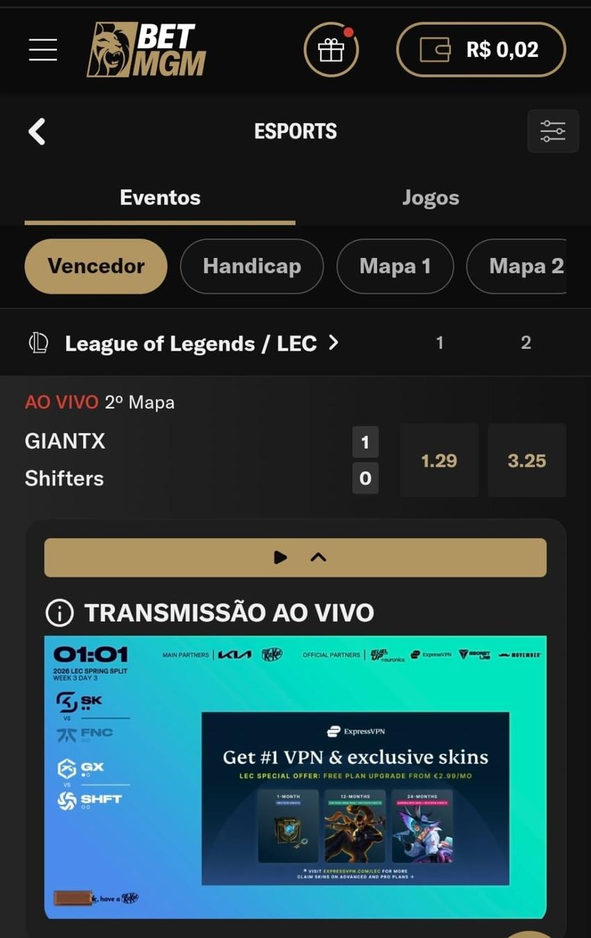 Captura de tela da BetMGM exibindo os jogos disponíveis para apostar em e-Sports na casa.