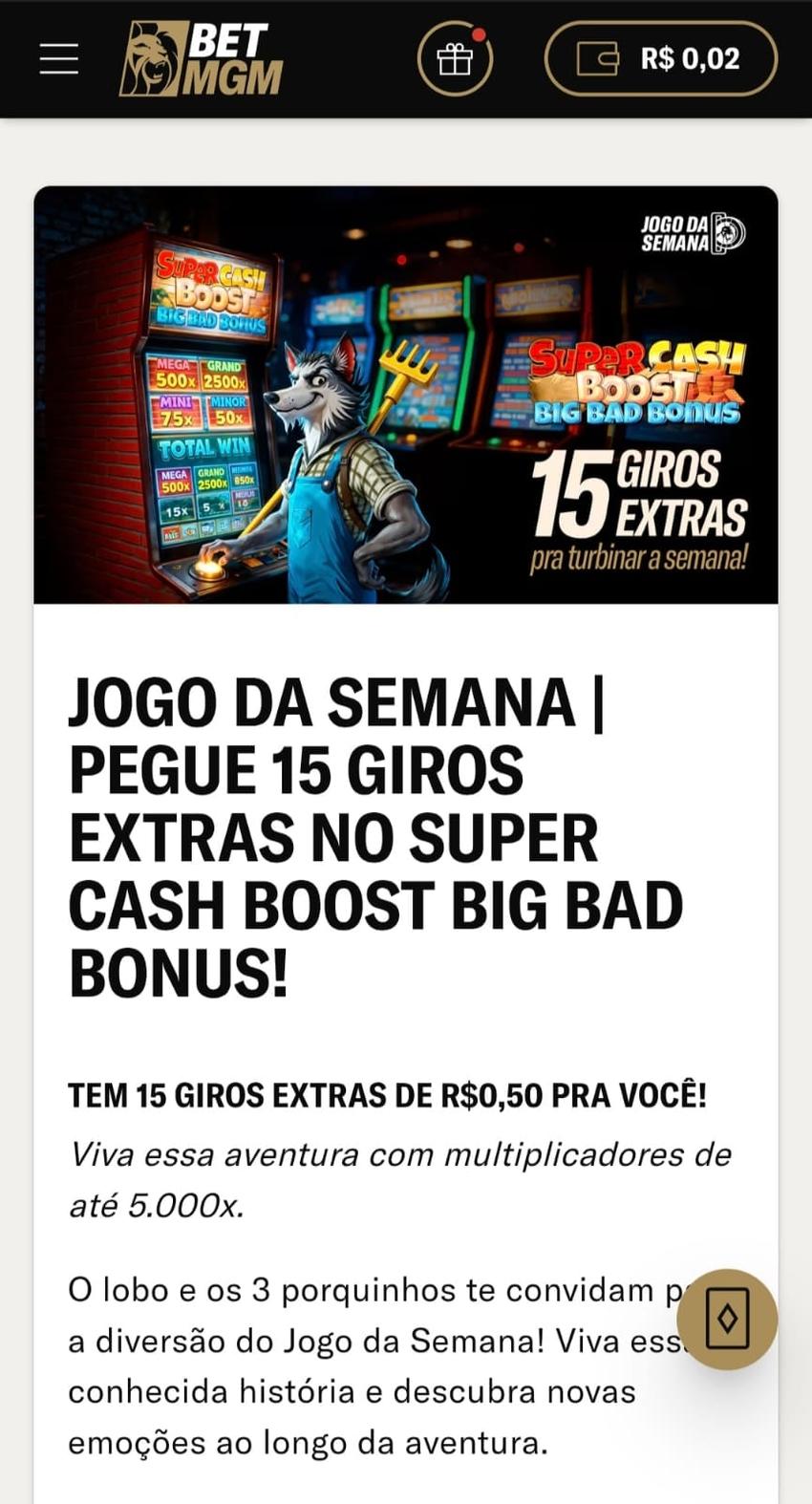 Captura de tela da oferta Jogo da Semana da BetMGM com rodadas grátis.