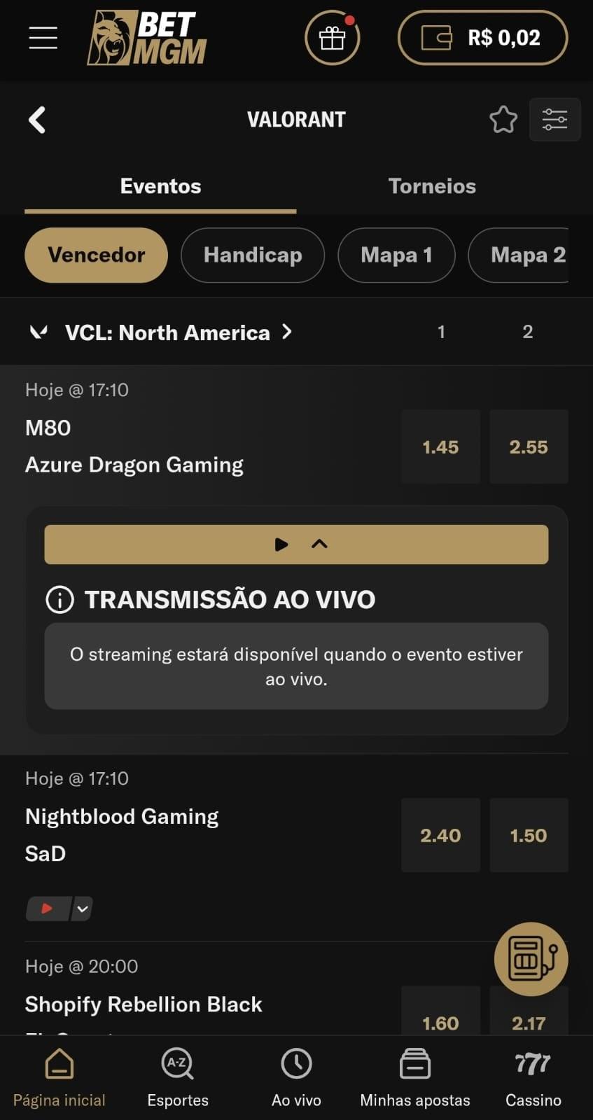 Captura de tela das partidas de Valorant na BetMGM exibindo odds, mercados e botão para transmissão ao vivo.