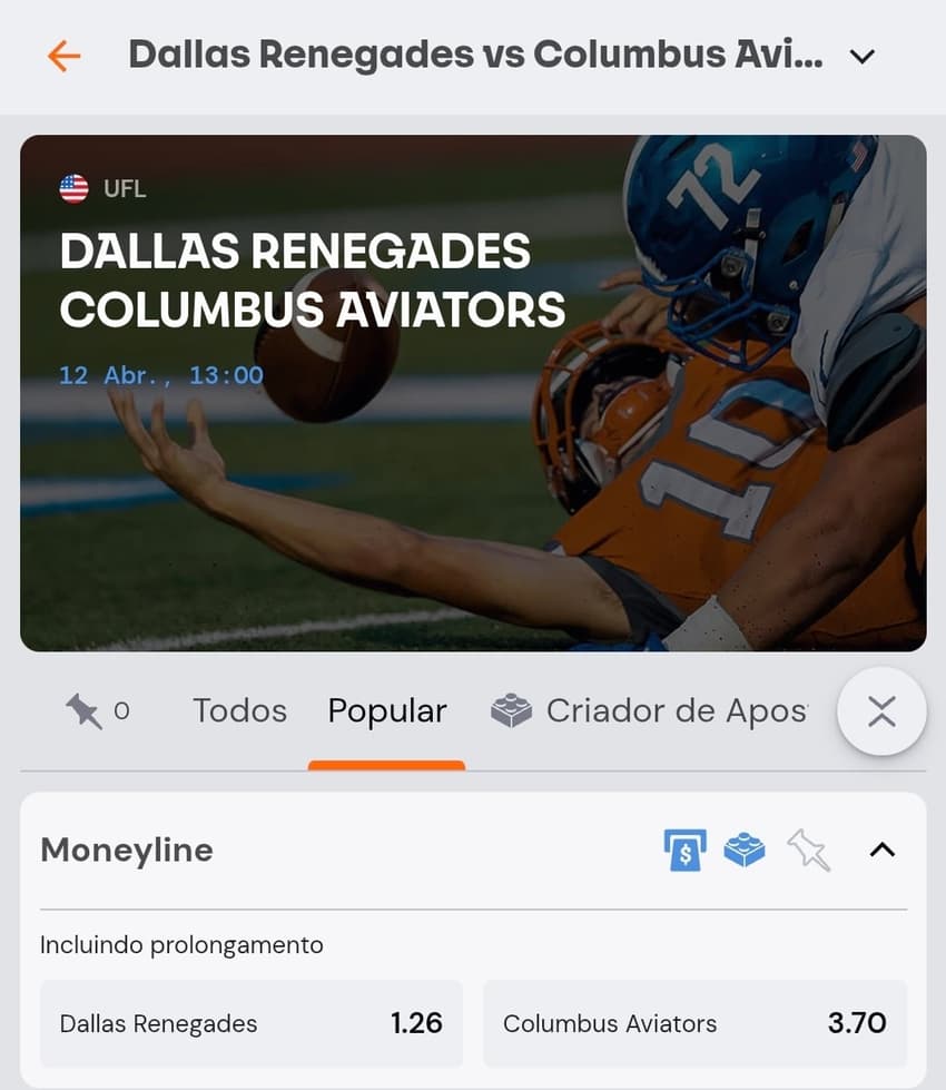 Captura de tela da Betsson com um evento da UFL de futebol americano com o mercado Moneyline.