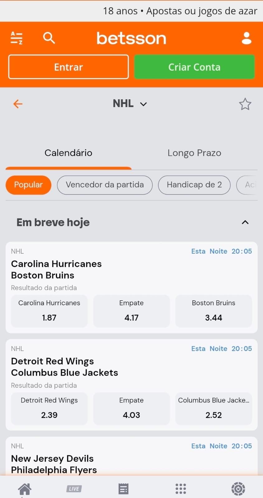 Captura de tela da página oficial da Betsson exibindo os próximos jogos de hóquei no gelo pela liga NHL.