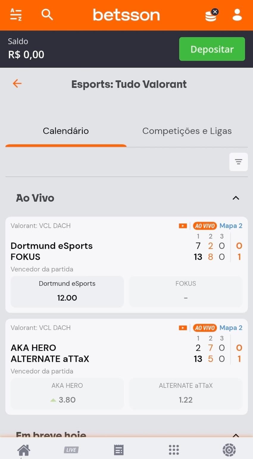 Captura de tela da Betsson exibindo os jogos de apostas em Valorant disponíveis.