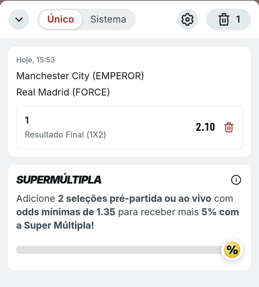 Captura de tela de um bilhete de apostas na Superbet exibindo um jogo entre Manchester City e Real Madrid no EA Sports FC.