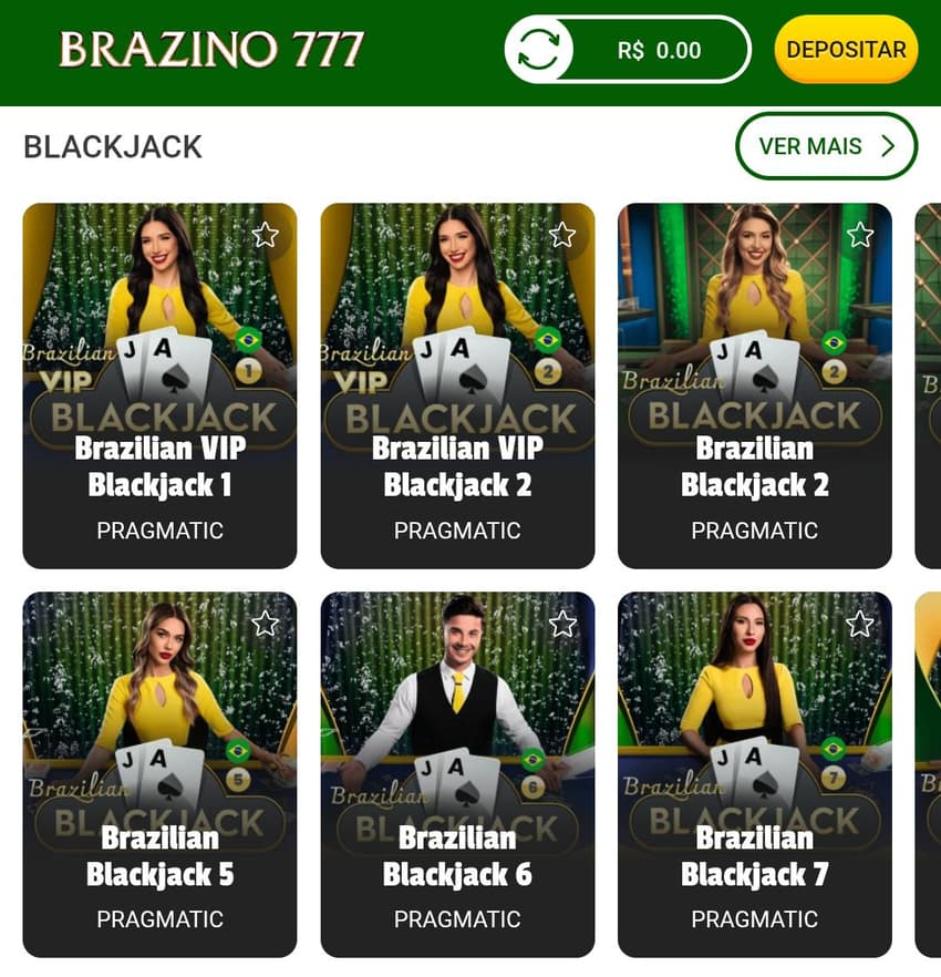 Captura de tela do lobby de salas de blackjack na Brazino777