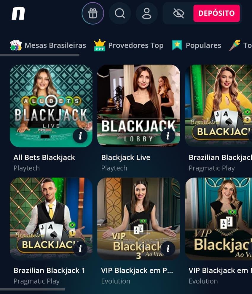 Captura de tela do lobby de salas de blackjack na Novibet