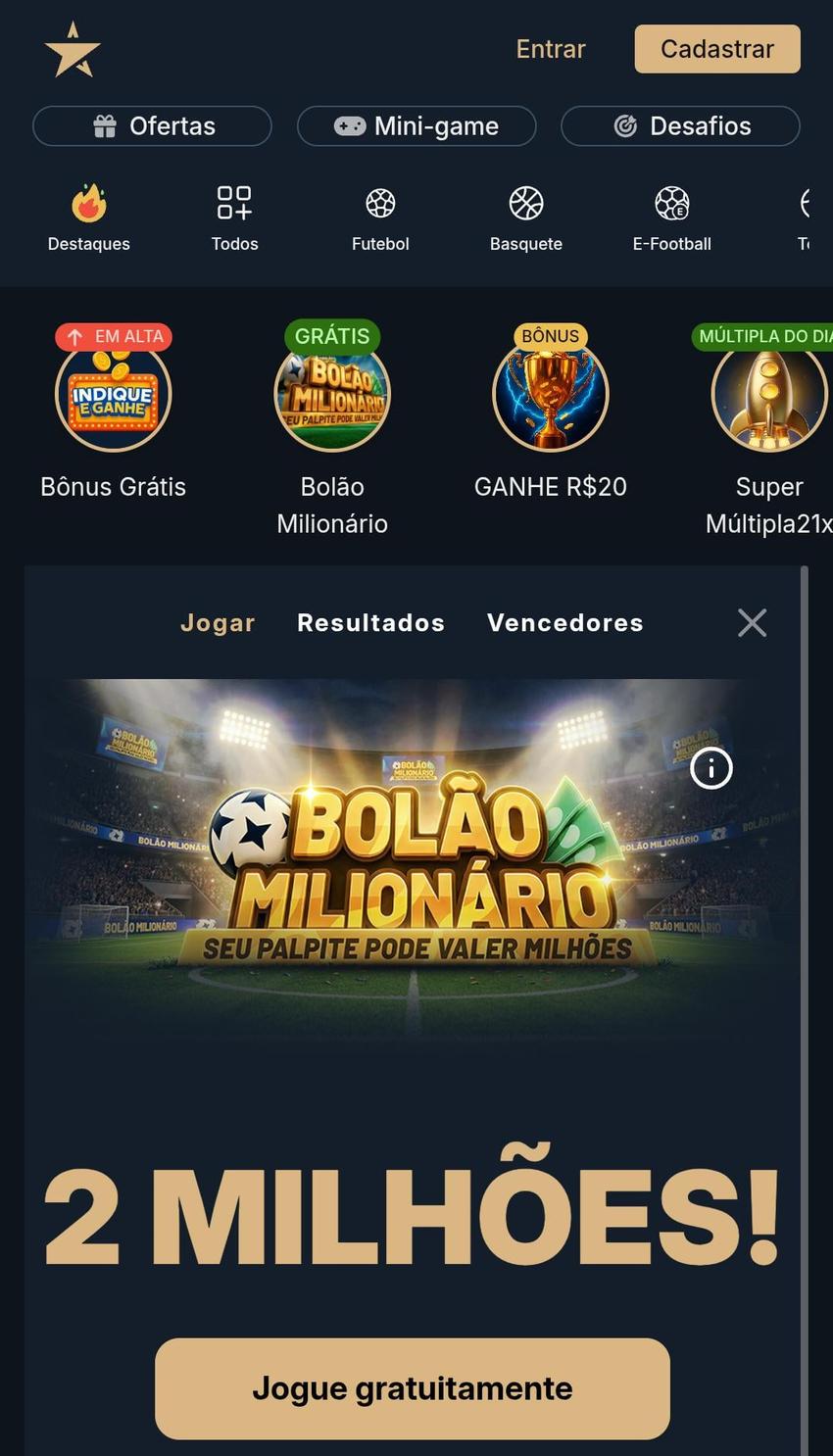 Captura de tela do Bolão Milionário da Estrela Bet.