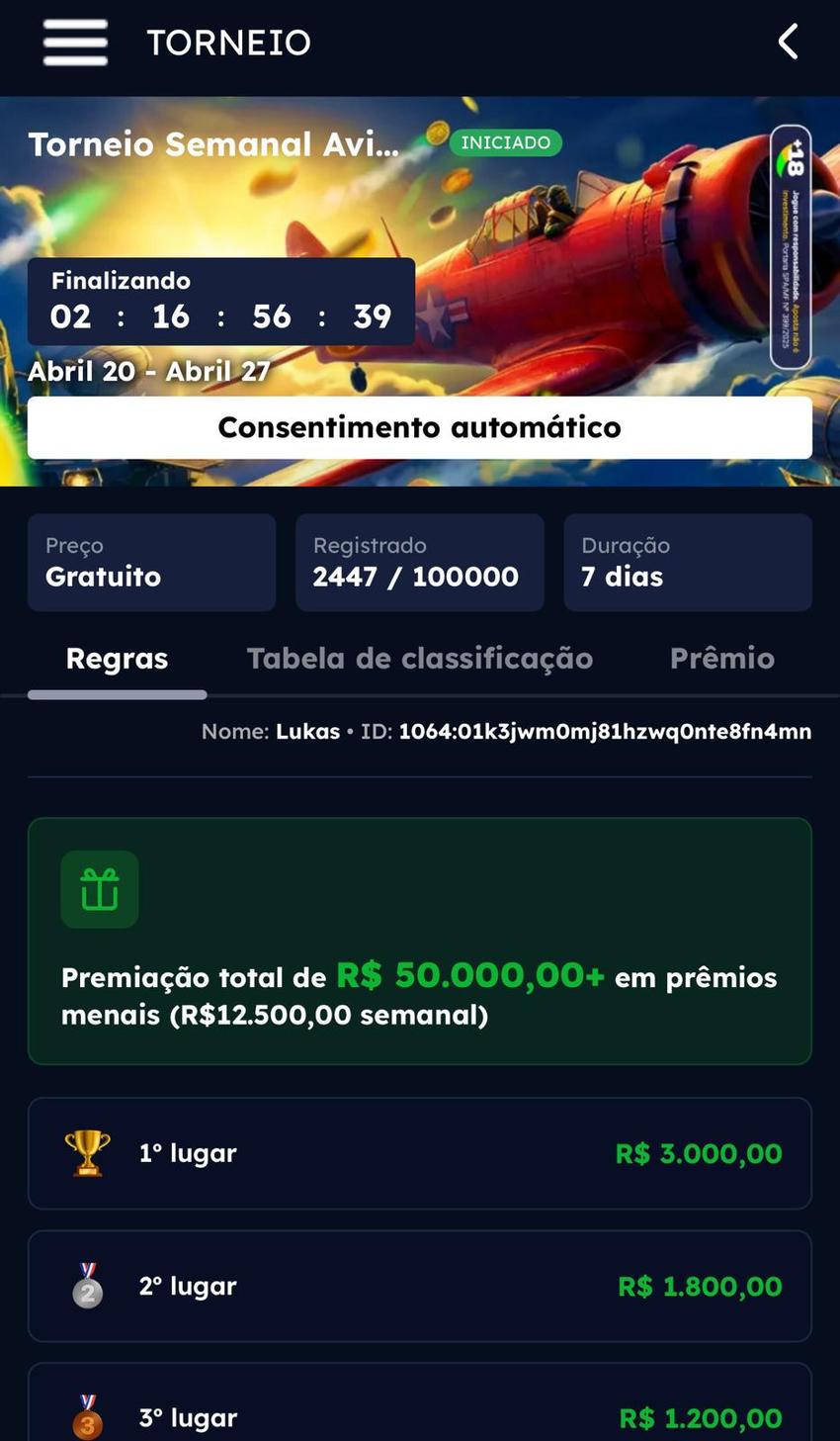 Captura de tela da página de torneios da Br4bet exibindo a competição disponível para as apostas no Aviator.