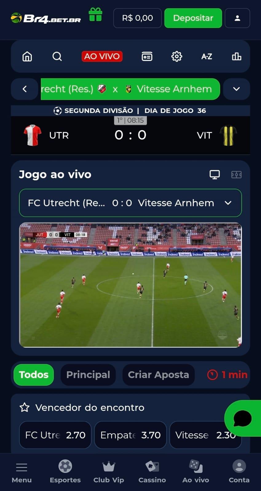 Captura de tela das apostas ao vivo na casa da Br4bet exibindo o streaming e odds para palpites.